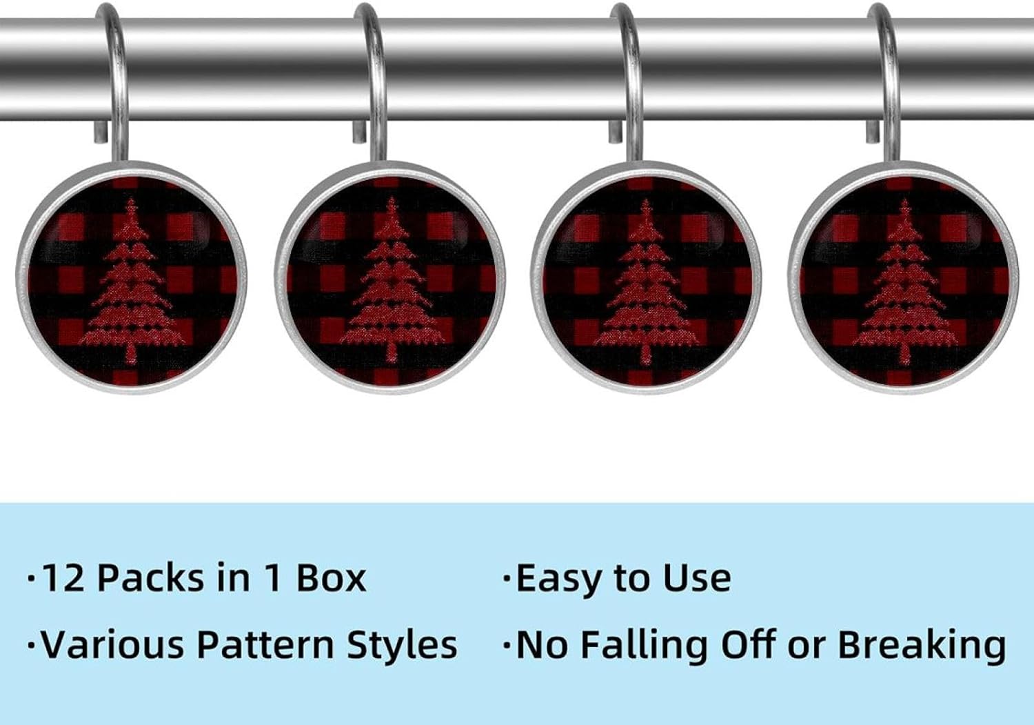 12 Pack Christmas Tree on Red Black Checkered (5) Shower Curtain Hooks, Stainless Steel Decorative Shower Curtain Rings for Bathroom, Rust Proof Shower Curtain Hangers for Curtains Rods