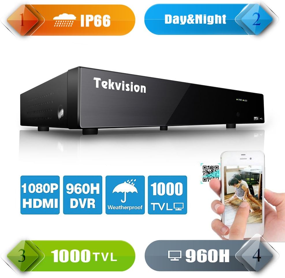 Tekvision 8CH CCTV Security Network Mobile 1000TVL 960H Motion Detection H.264 Digital Video Recorder QR Code scan Remote Access Real time Monitoring- HDD Drive and Cameras not Included