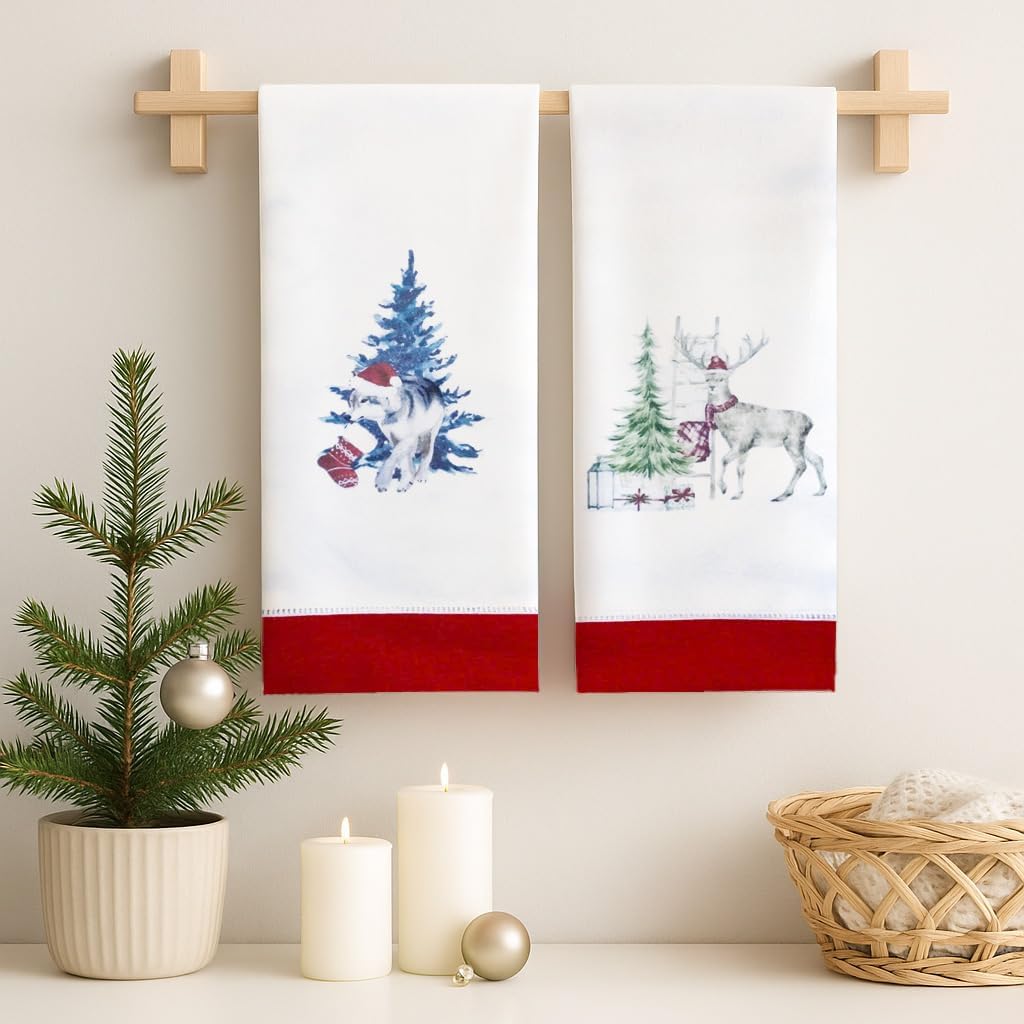 Bathroom Hand Towels Set of 2, 100% Linen with Printed Christmas Pattern, Decorative Machine Washable Hand Towels for Bathroom or Kitchen, 16x24 Inches (Silent Snow Night) image 4