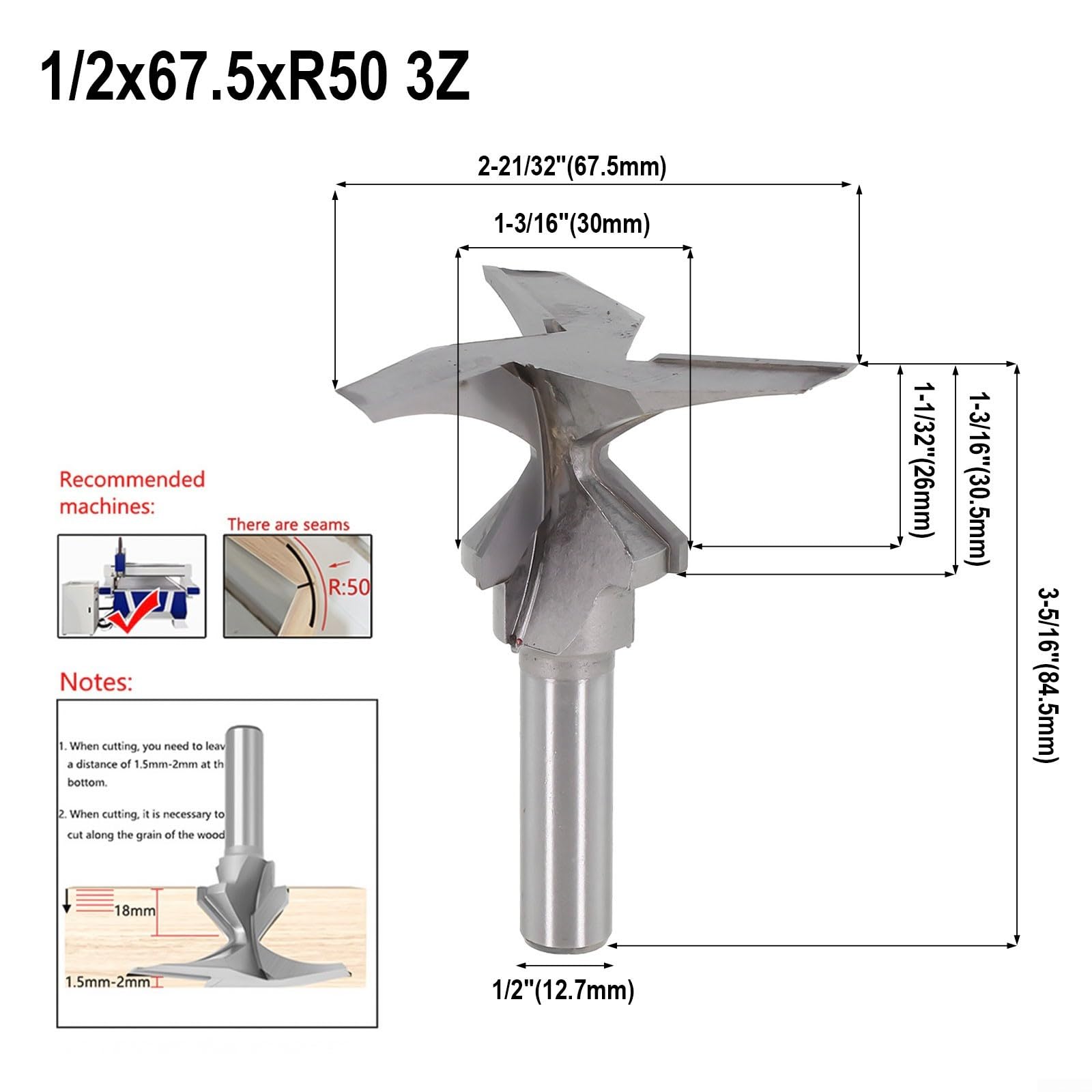 Fresa per legno per r50 raggio 1/2 pollice codolo per fresa curva per legno | per raggio r50, gambo da 1/2", curve lisce, guida precisa, compatibile con fresatrici