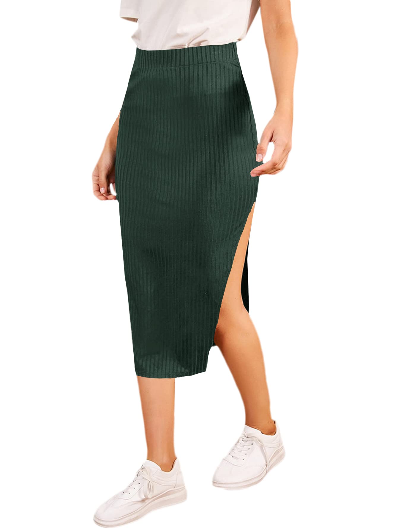 Women's Slit Bodycon Midi Skirt Split Ribbed Knit Pencil Skirts