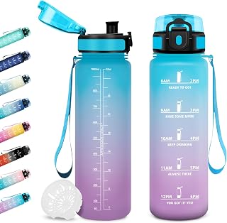 Sportflasche 1L, Auslaufsicher, Trinkflasche mit Zeitmarkierung und Filter, BPA-frei, Trinkflasche Kohlensäure Geeignet, Motivierende Wasserflasche für Fitness, Schule, Fahrrad, Yoga, Camping,