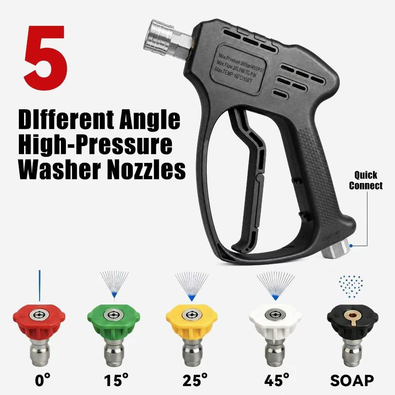 Pressure Washer Short Gun,Sturdy 4000PSI Short Power Washer Wand Carwash Spray Foam Gun Handle with 3/8 Plug & M22-14mm & M22-15mm and 5 nozzles