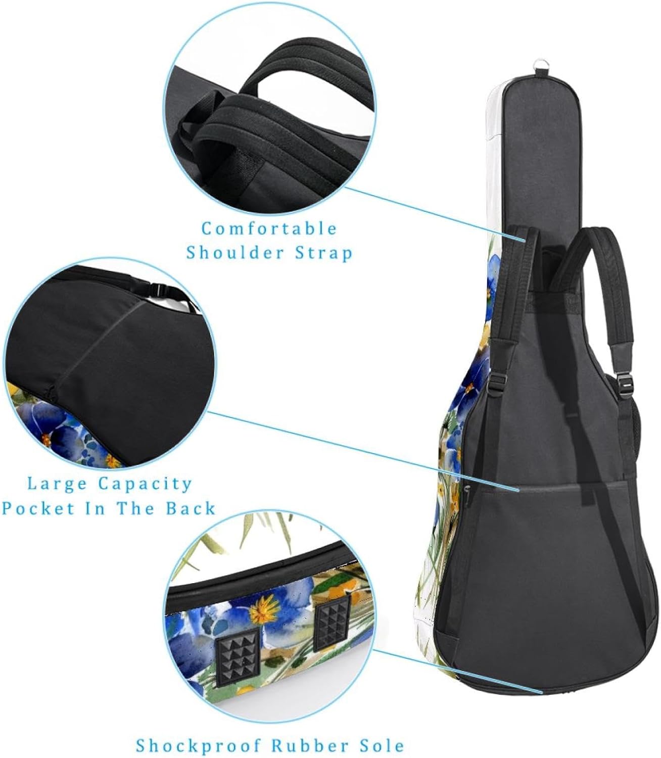 Acoustic Guitar Bag, 40 41 42 Inch Guitar Case Cover Soft Guitar Gig Bag for Acoustic Electric Bass Classical Guitar, Blue and Yellow Wildflowers