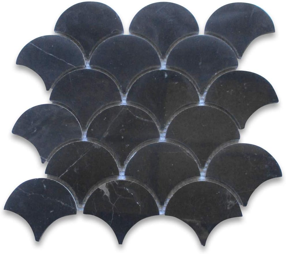 Nero Marquina Black Marble Grand Fish Scale Fan Shape Mosaic Tile Polished Kitchen Bath Wall Floor Backsplash Shower (1 Sheet)