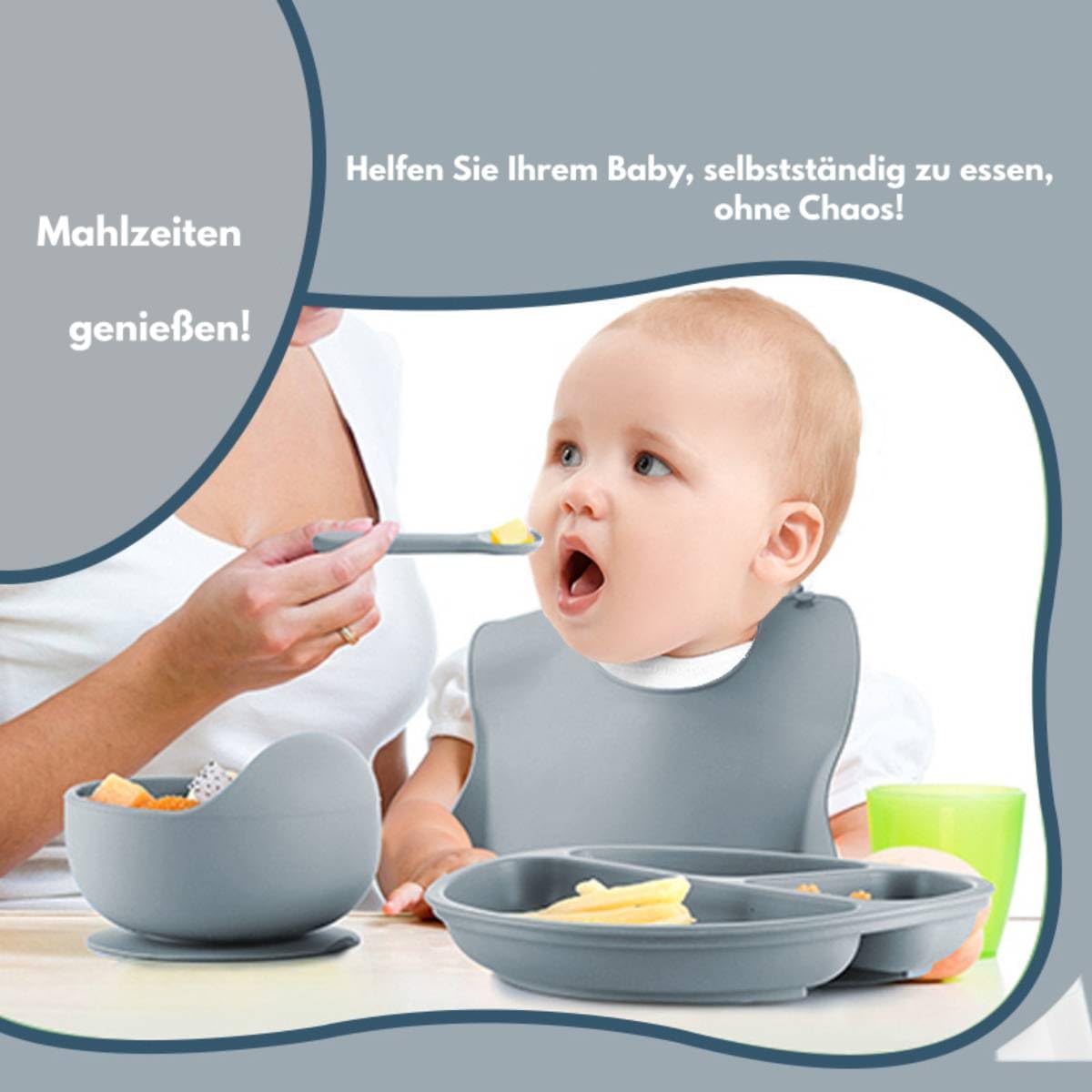 Eliano 6-Piece Silicone Baby Tableware Set, BPA-Free, Non-Slip Plate & Bowl, Bib, Drinking Cup with Straw & Cutlery - Image 3