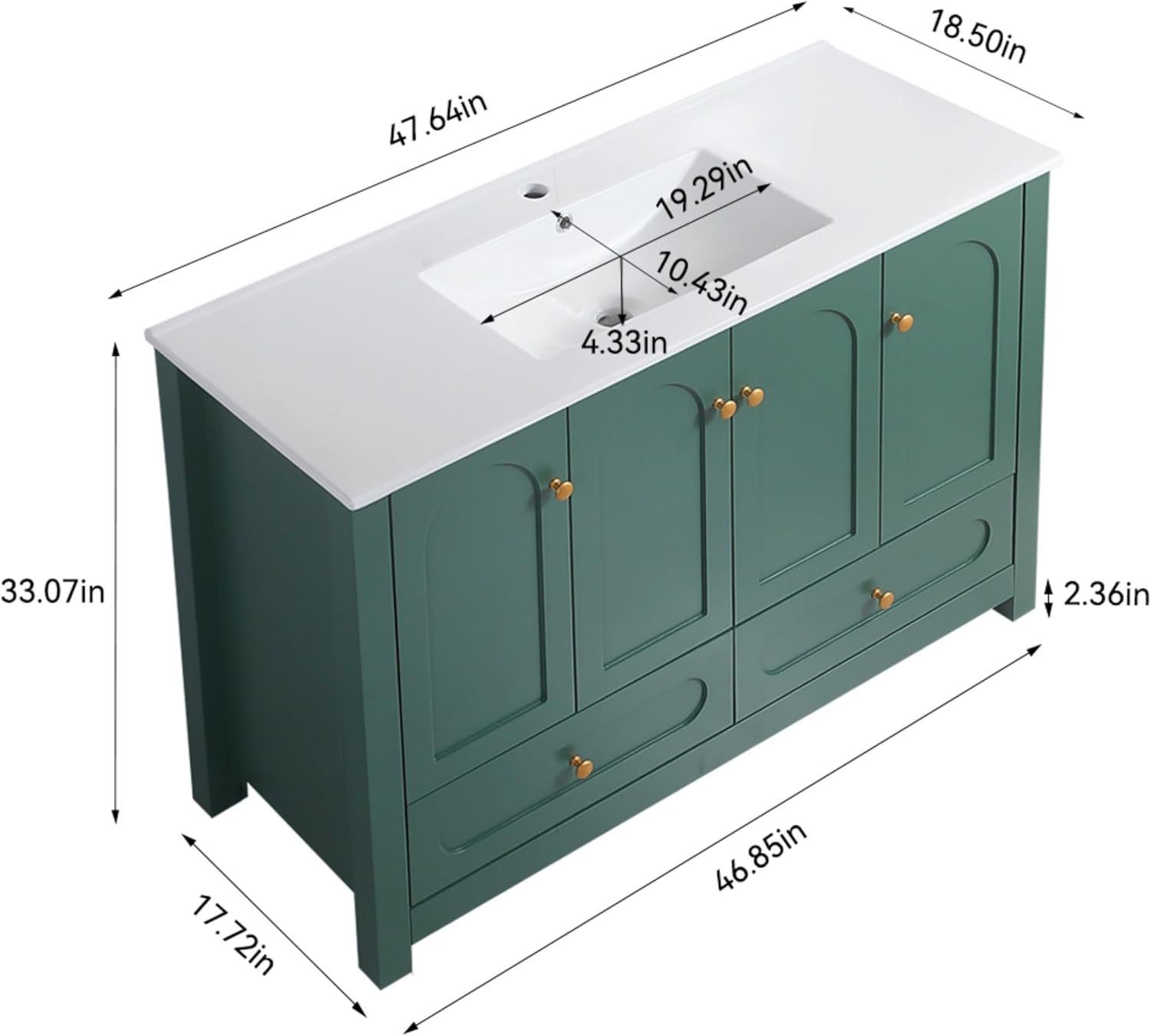48" Bathroom Vanity, Bathroom Storage Cabinet with 4 Soft Close Doors and 2 Drawers, Freestanding Bathroom Vanities with Sink, Green