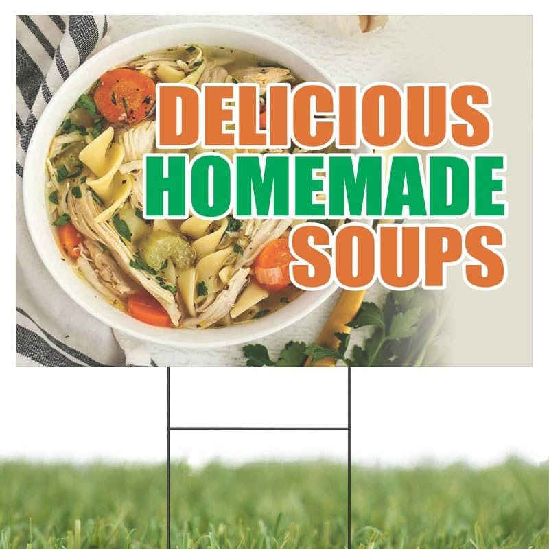 Delicious Homemade Soups | Full Color Sidewalk Display Sign Board with Metal Ground Stakes | 24" W x 18"H