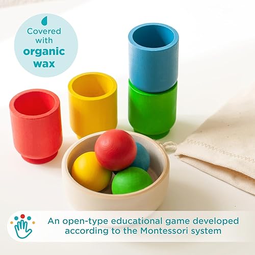 Miniatura 4 de Ulanik Kit de iniciación de bolas en tazas, juguetes Montessori para niños de 1 año, juego de madera a juego para aprender a clasificar y contar