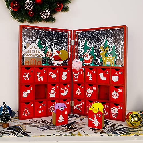Juegoal Pre Lit Red Advent Calendar Wooden Lighted Christmas Book, Premium Hand Painted Christmas 24 Drawers Countdown To Christmas, Refillable Wooden Advent, Cute Holiday Decoration #TOP2