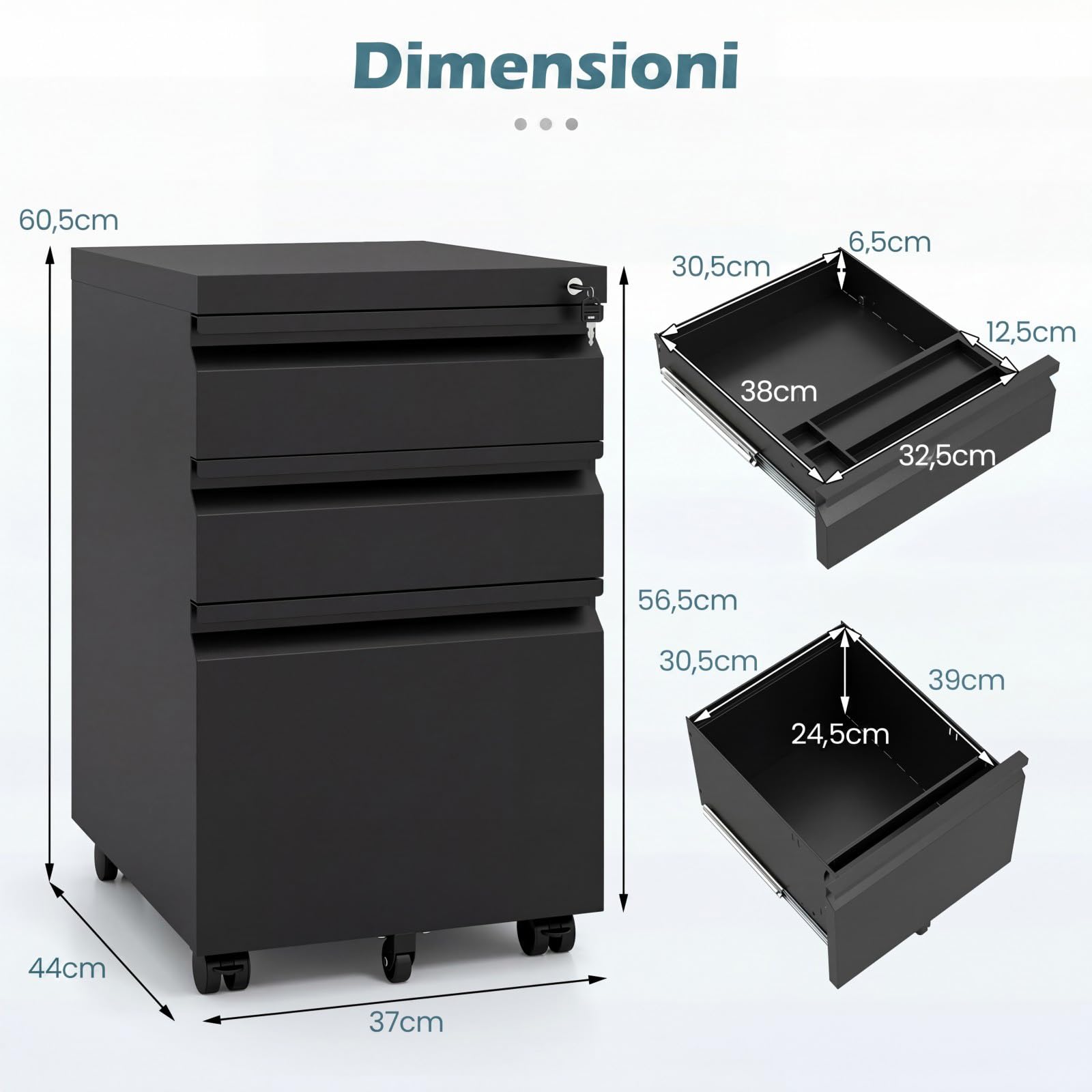 COSTWAY Cassettiera da Ufficio a 3 Cassetti, Mobiletto per Documenti con 5 Ruote e Serratura, Schedario da Ufficio in Acciaio per File Formato A4, Letter e Legal, 37 x 44 x 60,5 cm