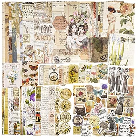 100 Pieces Vintage Ephemera Pack Junk Journal Kit Scrapbook Supplies Decoupage Paper Sticker Material for Art Journaling Bullet Journals Planners Collage Album Crafter Gifts (Retro) Cover