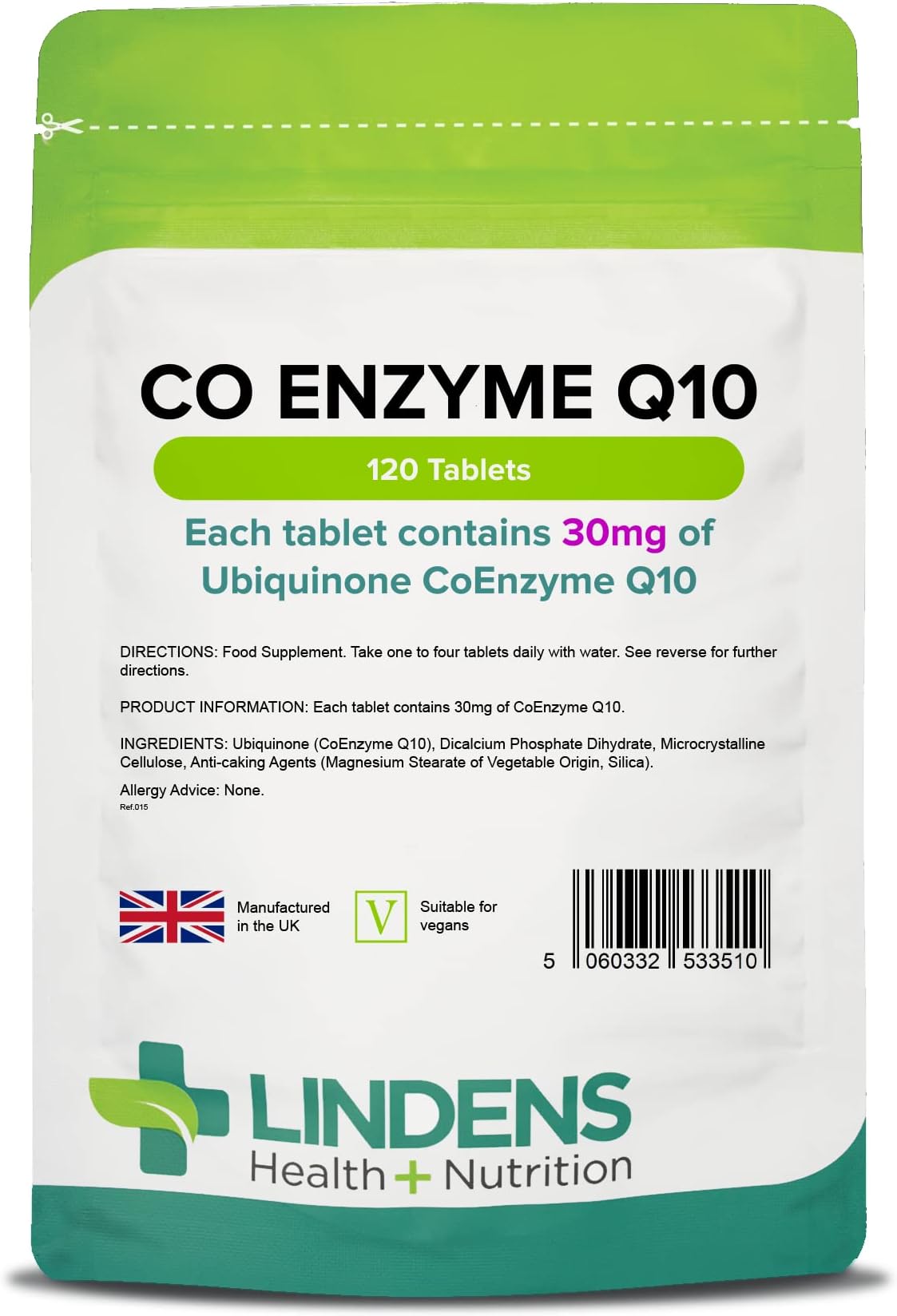 Lindens - Coenzyme Q10 30mg - 120 Tablets - UK Made - Popular for Statin Users | Protection from Oxidative Stress | CoQ10 Ubiquinone | Ubiquinol | Letterbox Friendly, Vegan