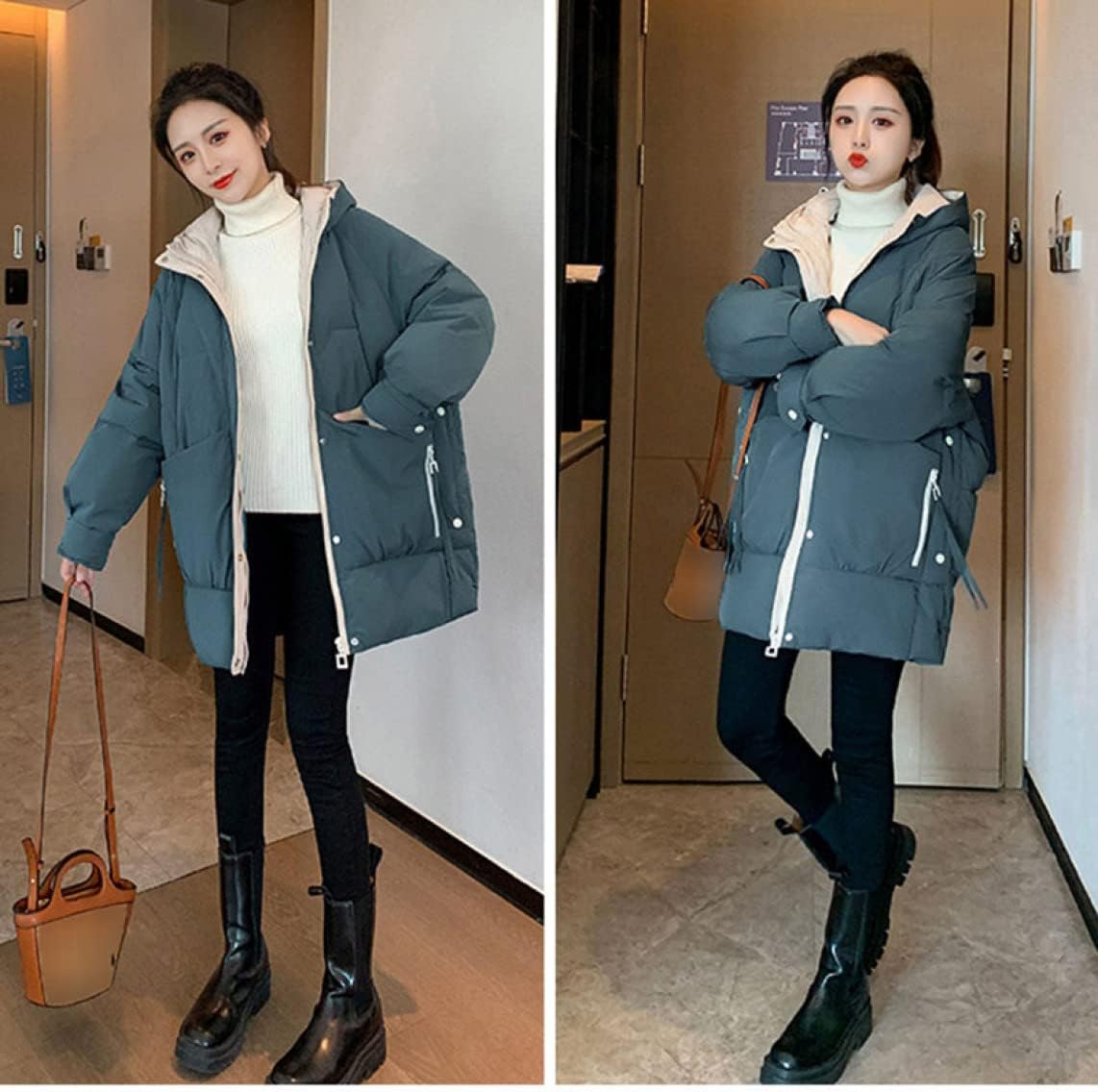 シュウカ [シュウカ] 青い ダウンジャケット レディース 厚手 中綿ジャケット 無地 ショート 防風 保温 ミドル丈 合わせやすい ダウンパ