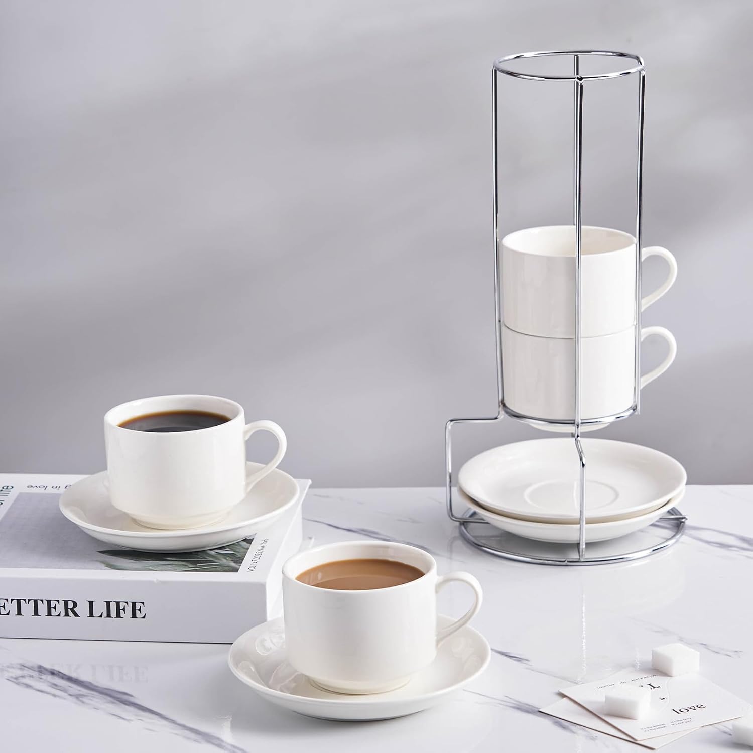 8oz Porcelain Cappuccino Cups with Saucers and Metal Stand, Stackable Coffee Cups for Specialty Coffee Drinks, Cappuccino, Latte, Espresso, Americano and Tea - White Cups Set of 4