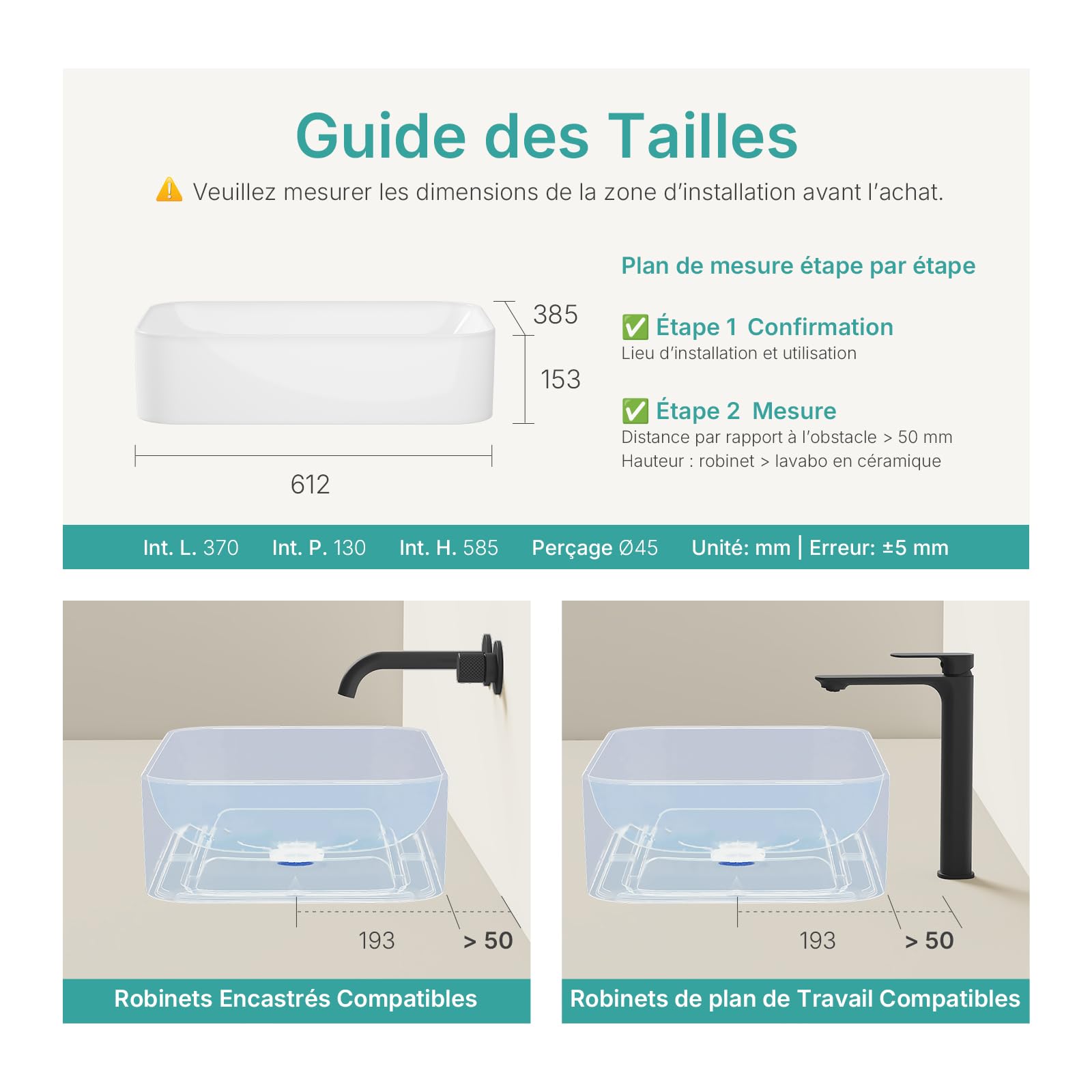EMKE Lavabo à Poser Rectangulaire 61 × 38 × 15 cm, Vasque pour WC Invités, Bassin à poser en céramique pour lavabo, lavabo de salle de bain,Blanc