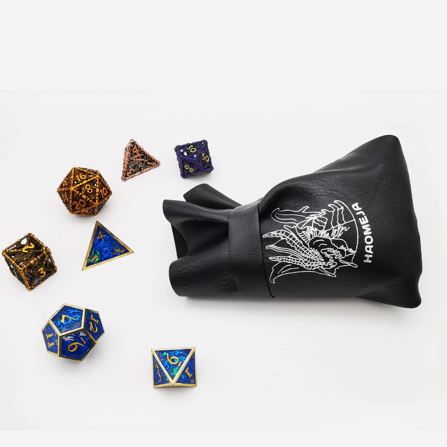 HAOMEJA DND Dice Tray & Bag With Button - Role Playing Leather Dice Storage for Jewelry, Coins & Small Accessories (Black)