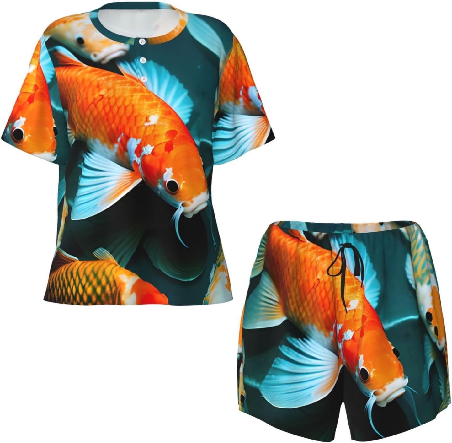 Women'S Hd Japanese Koi Fish Print Pajamas Set,Womens Pj Sets For Summer,Loungewear Sets With Cooling Fabric