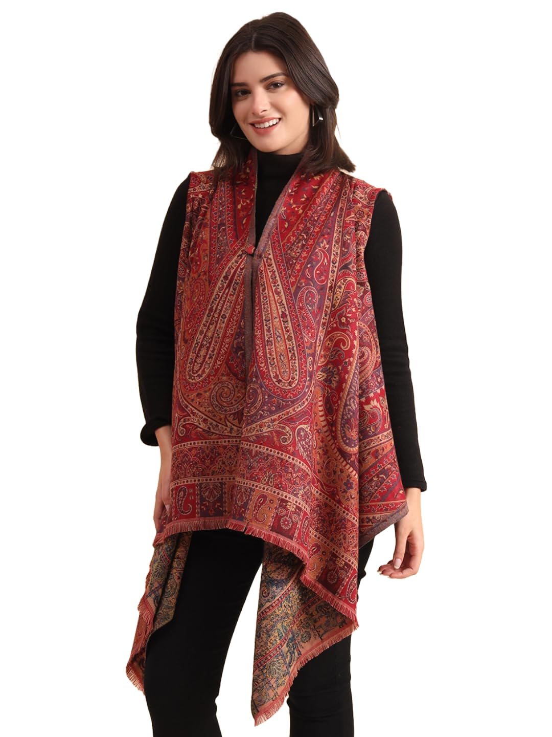 zamour Women's Cape Shrug, Sleeveless Pastel Jacquard Woven Design, Stylish and Warm Wrap-picture-25