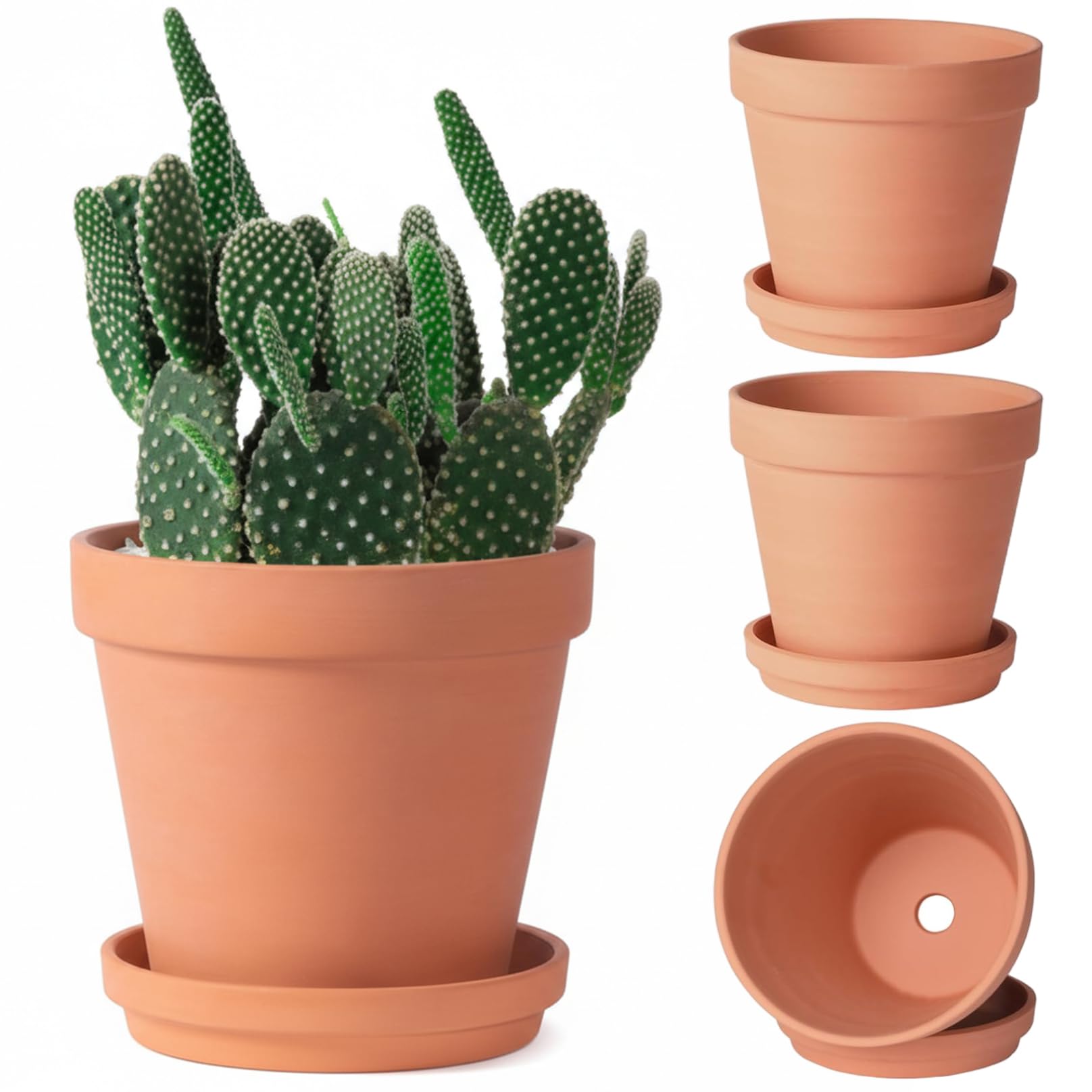 3 Set Terracotta Pots, 6 Inch Indoor Plant Pot with Drainage Hole & Saucer Classic Ceramic Flower Pot for Herbs, Small Plants Terracotta Pots, Clay, Indoor Plant, Small, Te