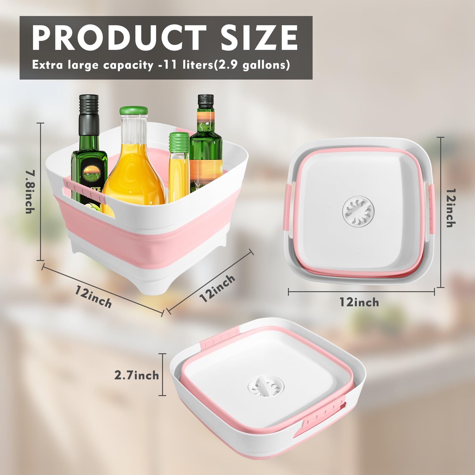 2.4Gal(9L) Collapsible Wash basin With Drain Plug, Suitable For Kitchen Sinks/Outdoor Camping/RV Use, Space-Saving, Highly Portable Washbasin Ideal For Travel(Pink)