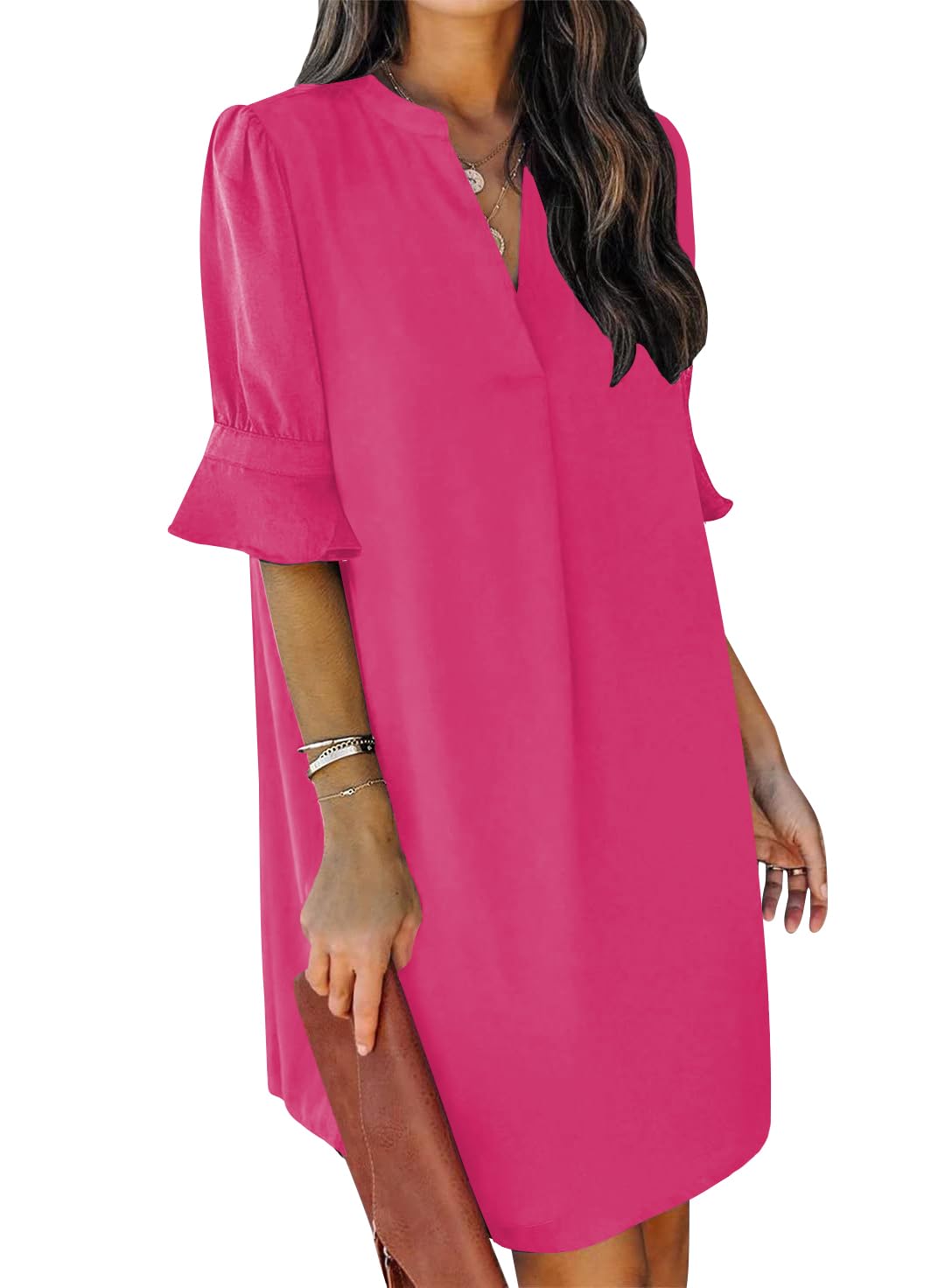 QACOHUSummer Dresses for Women V Neck Ruffle Short Sleeve Casual Shift Dress