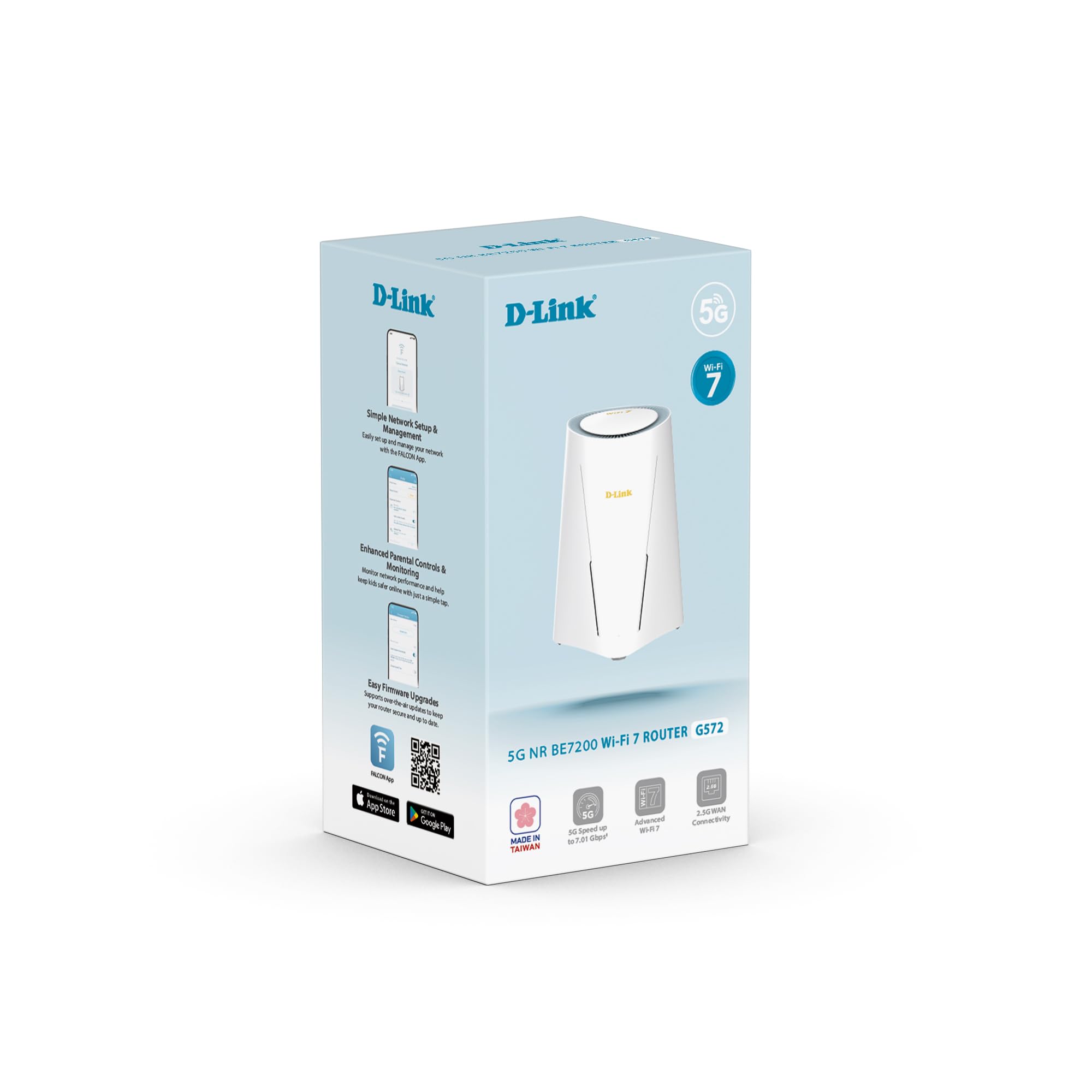 D-Link G572 Routeur 5G NR Wi-FI 7 BE7200 – Ultra-Rapide 7,01 Gbit/s 5G, 7200 Mbit/s Wi-FI 7, Port WAN 2.5G, Basculement Auto-WAN, Support antennes TS-9, Configuration Facile Via l’app Falcon
