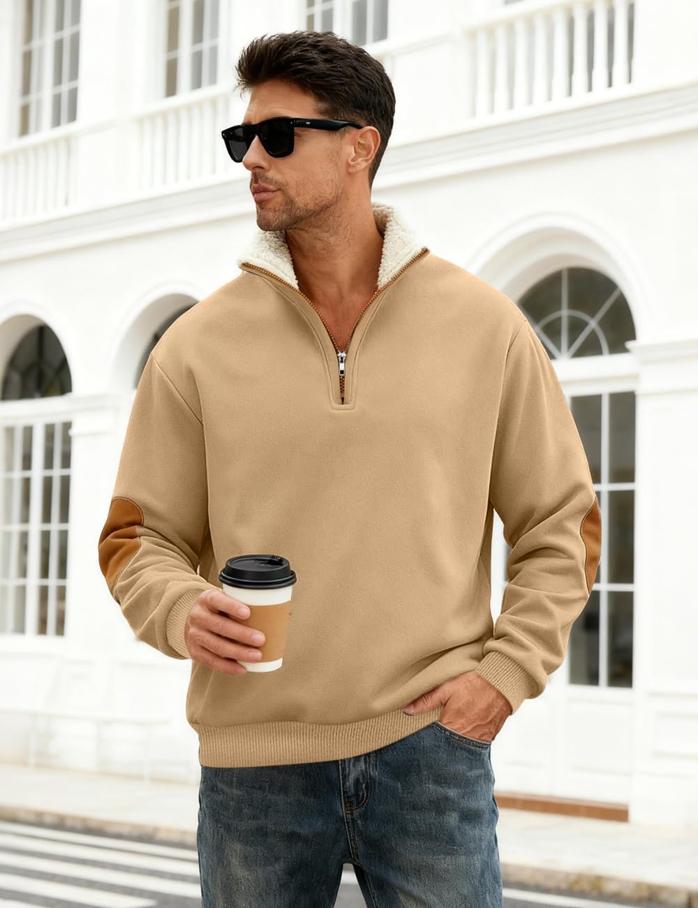 Men's Fleece Sweatshirts Vintage Quarter Zip Pullover shirt Casual Long Sleeve Sweatshirt warm tops - Image 3