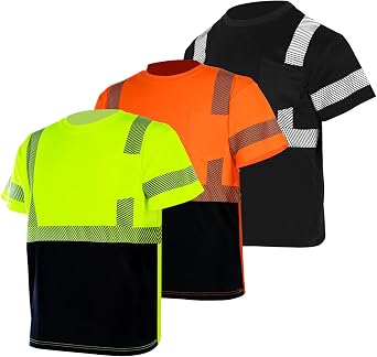 VENDACE 3pcs Safety T Shirts Reflective Class 3 High Visibility Hi Vis Short Sleeve Construction Work Shirts for Men