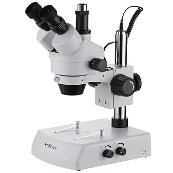AmScope SM-2TZ Professional Trinocular Stereo Zoom Microscope, WH10x Eyepieces, 3.5X-90X Magnification, 0.7X-4.5X Zoom Objective, Upper and Lower Halogen Lighting, Pillar Stand, 110V-120V