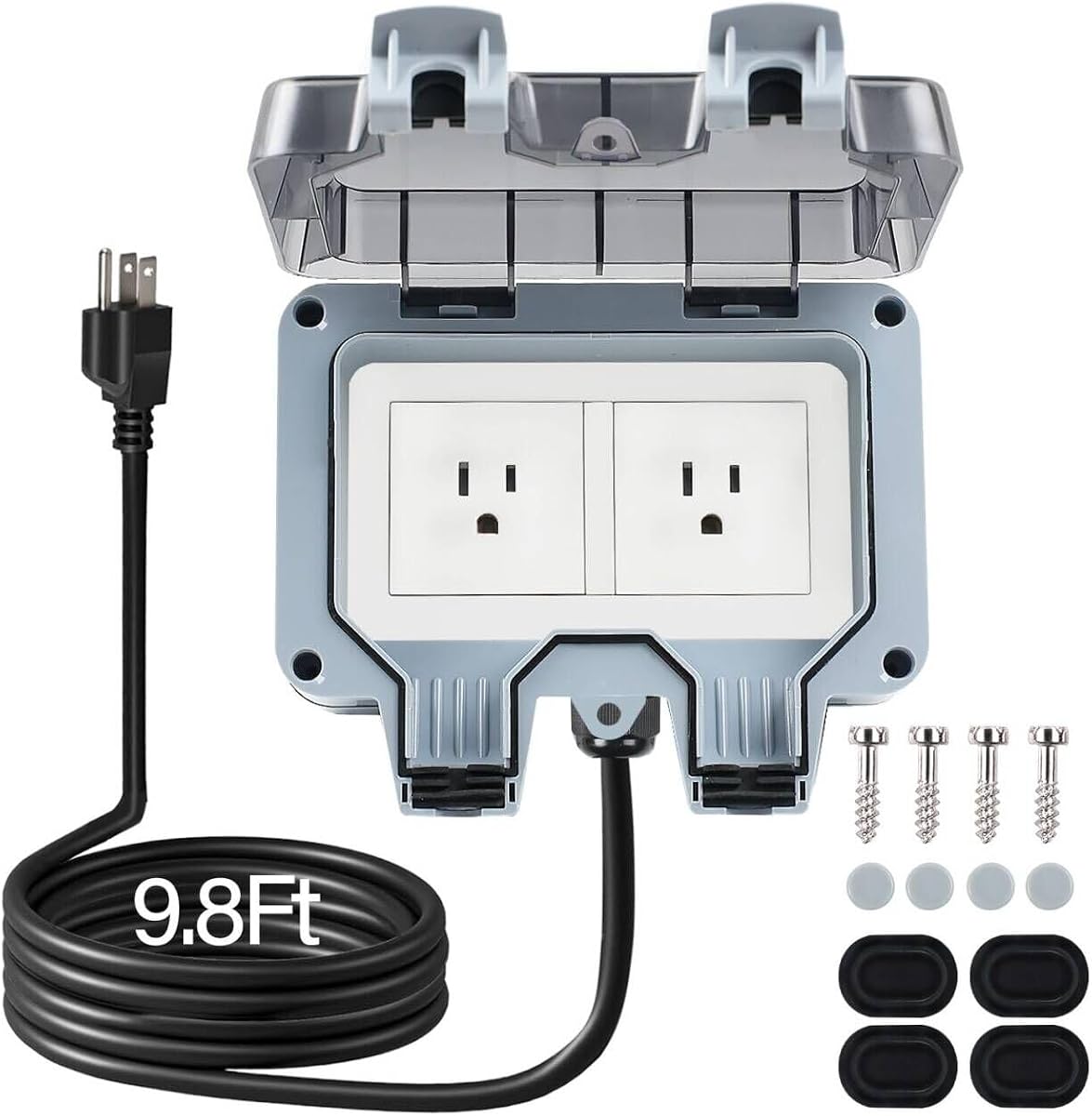 Outdoor Power Outlet Box with 9.8Ft Extension Cord, Outlet Extender | NEMA 5-15R, STW 14 AWG, IP66 Waterproof, 2-Gang Exterior Wall Socket, Well Sealed, Deep Cover Padlock Lockable, Exterior Plug