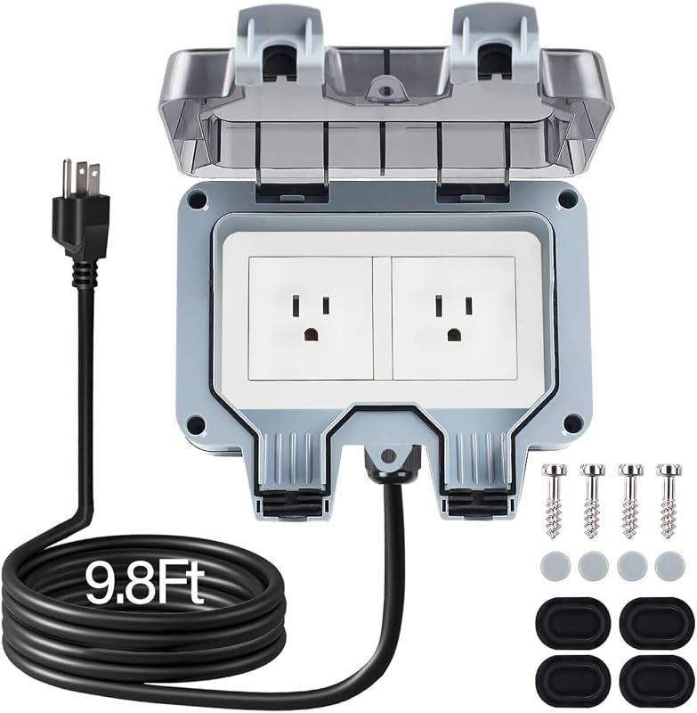 Outdoor Power Outlet Box with 9.8Ft Extension Cord, Outlet Extender | NEMA 5-15R, STW 14 AWG, IP66 Waterproof, 2-Gang Exterior Wall Socket, Well Sealed, Deep Cover Padlock Lockable, Exterior Plug