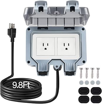 Outdoor Power Outlet Box with 9.8Ft Extension Cord, Outlet Extender | NEMA 5-15R, STW 14 AWG, IP66 Waterproof, 2-Gang Exterior Wall Socket, Well Sealed, Deep Cover Padlock Lockable, Exterior Plug