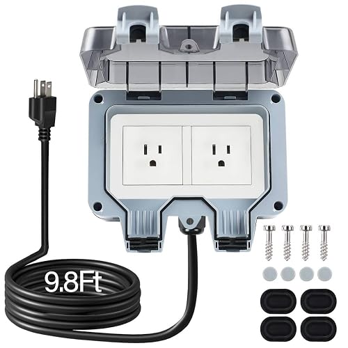 ZUYIYI Outdoor Power Outlet with 9.8Ft Extension Cord, Double Plug Outlet Extender, Weatherproof Waterproof IP66 Outdoor Electrical Outlet Box, Exterior Wall Power Socket with Cover for Garden Outside - 9.8Ft