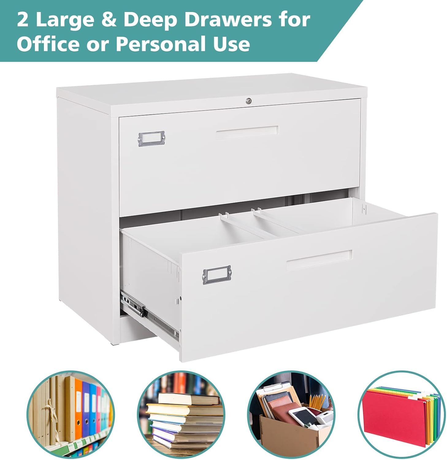 MIIIKO 2 Drawer Lateral File Cabinet with Lock, White Filing Cabinet for Home Office, Two Drawer Metal File Cabinet for Hanging Files Folders Letter/Legal/F4/A4 Size