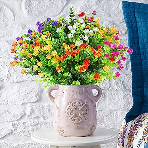 Eirdary 12 Bundles Artificial Flowers for Decoration ,6 Colors UV Resistant Fake Flowers Outdoor Indoor, Faux Plastic Bouquet Shrubs Plants for Hanging Home Garden Window Wedding Party Decor