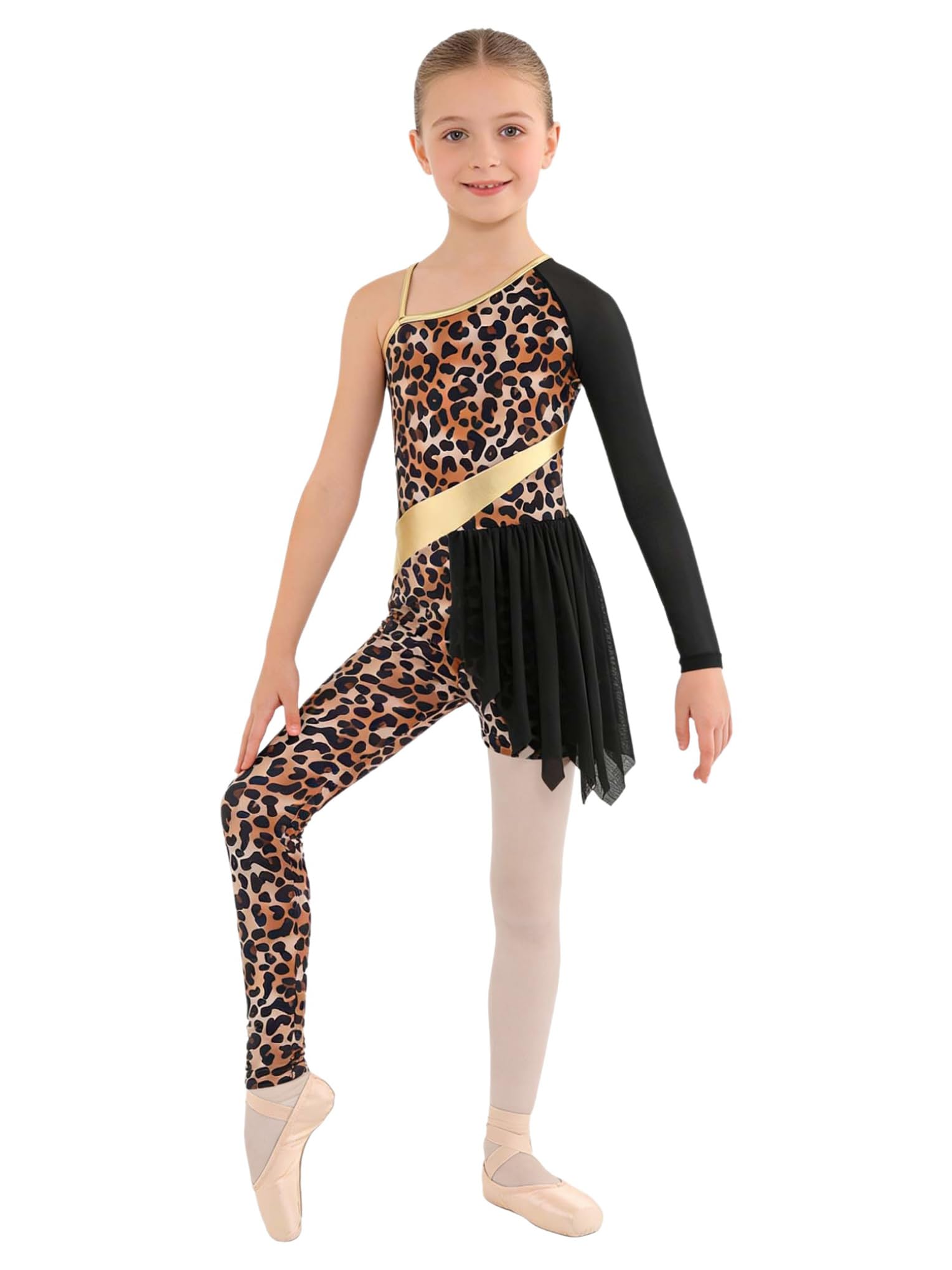 Hansber Kids Girls Cave Costumes Gymnastics Dance Outfit Leopard Print Bodysuit Jumpsuit for Stage Performance Black 13-14 Years