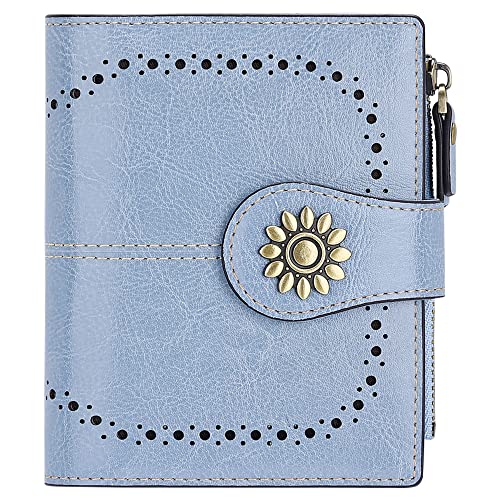 Lavemi Womens Leather Wallet Small Compact RFID Blocking Credit Card Case Purse with Zipper Pocket(Light Blue)