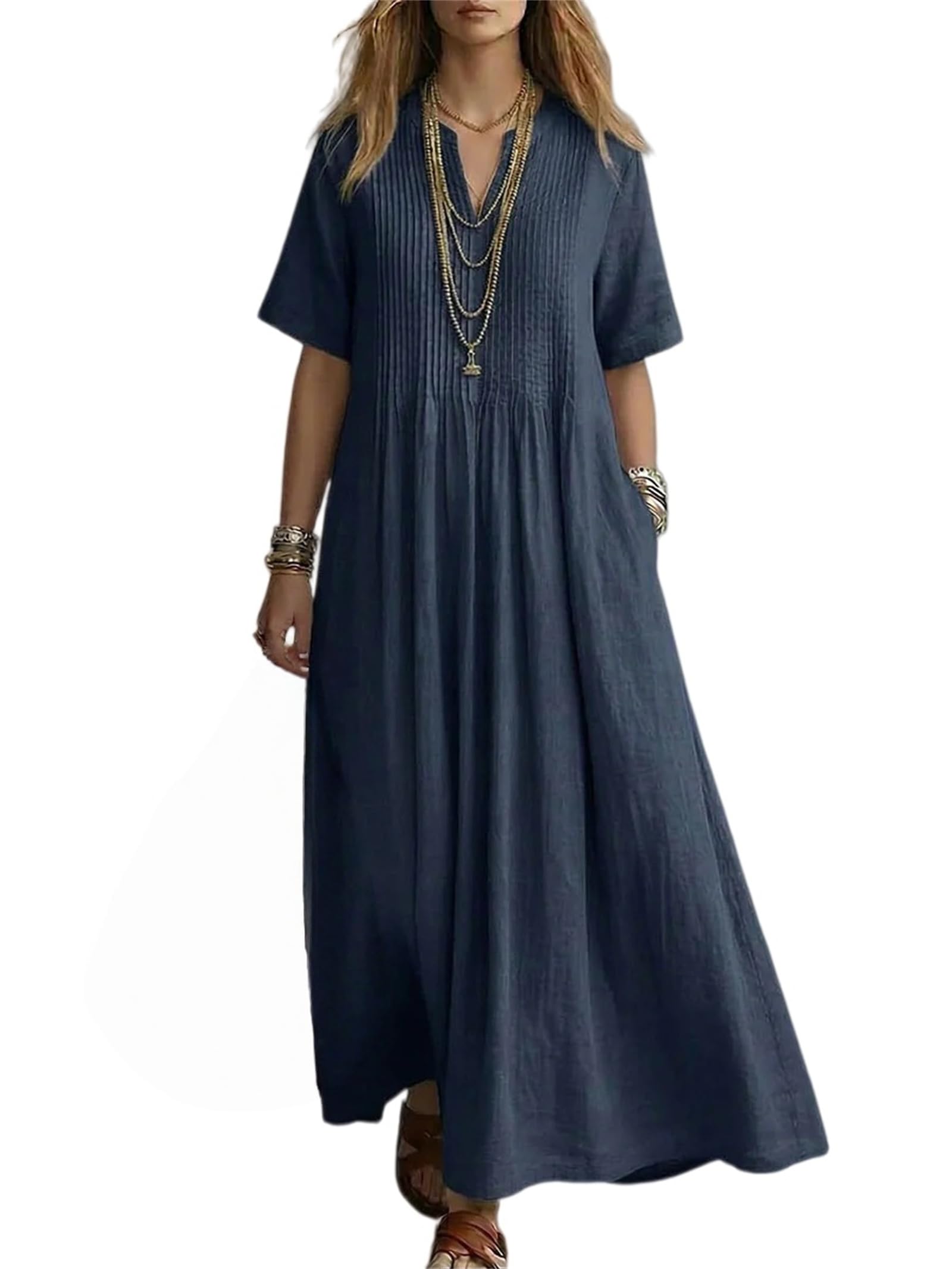 Vestido Largo de algodón Fluido para Mujer, Estilo Casual, Holgado, con Cuello en V, Manga Corta y Pliegues, Ideal para la Playa y Las Vacaciones