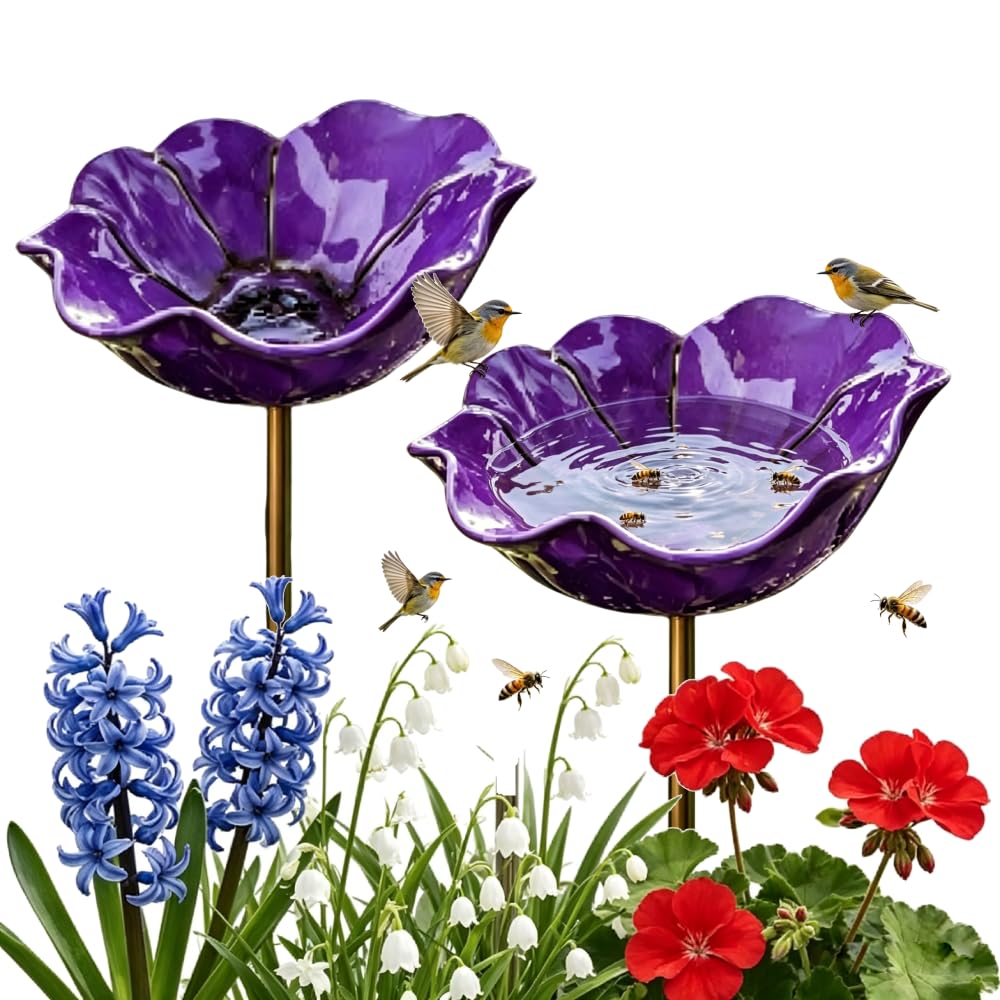 2Pcs Handmade Bird Metal Garden Stake with Flower Bowl, 2-in-1 Bee Watering Station for Outside Lawn, Yard, Patio AND Potted Plants, Decorative Bird Bath for Garden (purple)