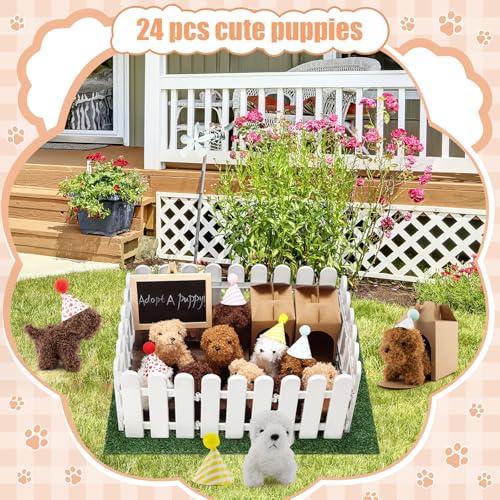 56Pcs Adopt A Puppy Party Favors Mini Plush Stuffed Animals Set Includes 14 Mini Dogs, Birthday Hats, White Plastic Fence with Artificial Lawn for Adopt A Pet Theme Birthday Party