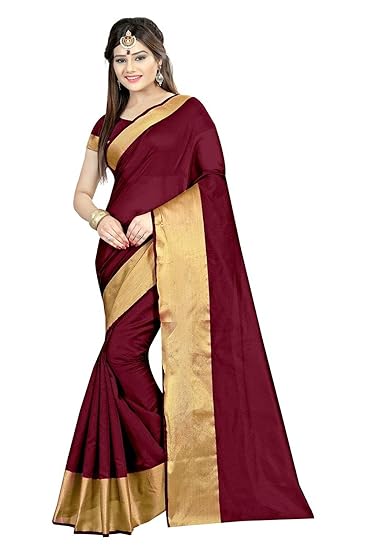 Deepjyoti Creation Women Cotton Silk Gold Border Maroon Color Plain Saree  With Blouse piece : Amazon.in: Fashion