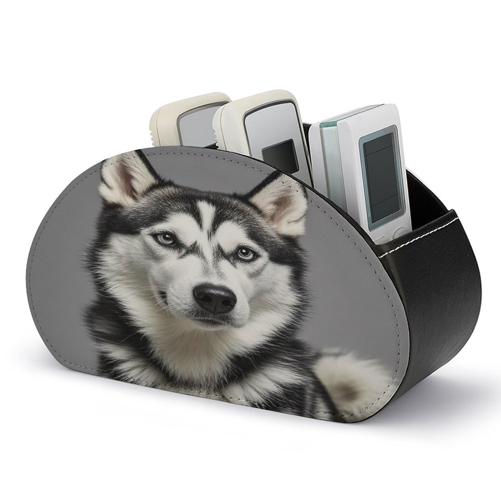 FekiLoot Husky Dog Remote Control Holder with 5 Compartments Multi-functional TV Remote Caddy Organizer Leather TV Remote Holder Desktop Organizer Store for Bedside Table Office Desk