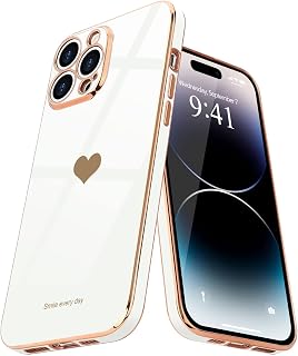 Teageo for iPhone 14 Pro Max Case for Women Girl Cute Love Heart Luxury Plating Soft Bling Back Cover Raised Full Camera Protection Bumper Silicone Shockproof Phone Case for iPhone 14 Pro Max, White