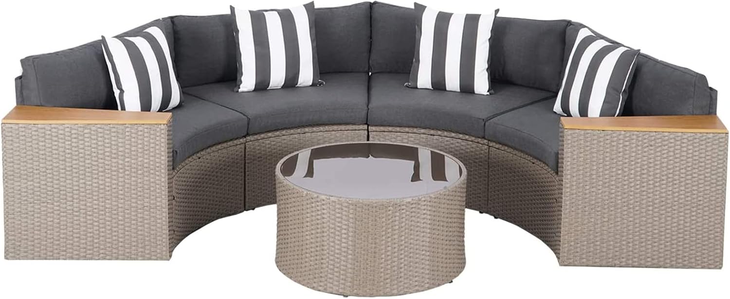 Incbruce Outdoor Half Moon Patio Furniture 5-Piece Curved Outdoor Sofa, All-Weather Outdoor Sectional Furniture Patio Conversation Sets with Round Tempered Glass Top Table (Grey Cushions)