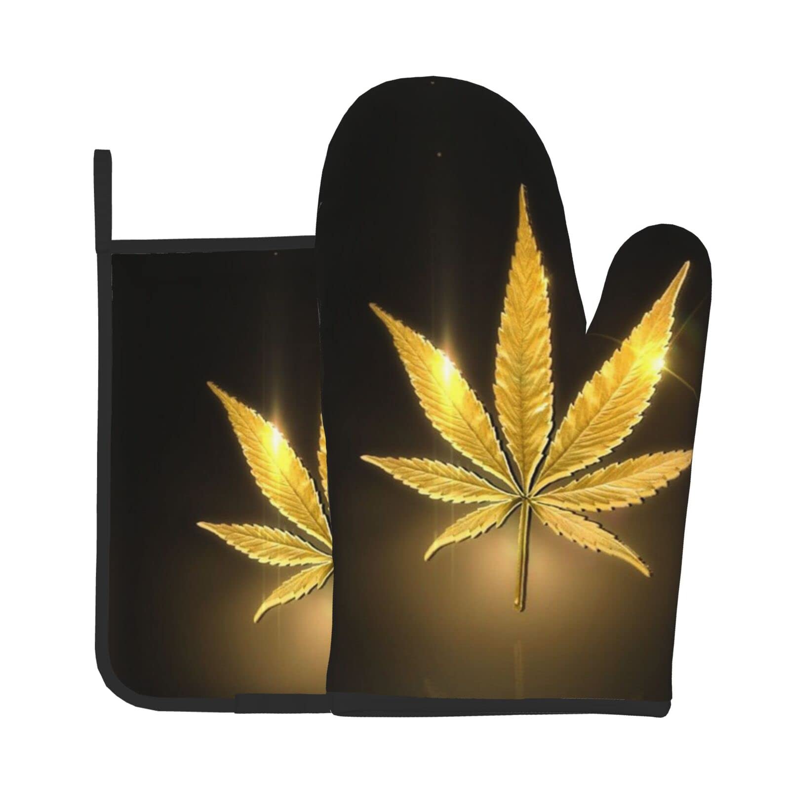 Ognot Women's Golden Cannabis Oven Mitts And Pot Holders Sets Of 2, Hot Pan Mat, For Cooking, Bbq, Kitchen. Gift For Chef, Lovers, Mom