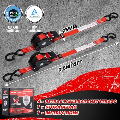 Image of Retractable Ratchet Straps 4 Pack, 1 in x 12 FT Auto Ratchet Straps for Motorcycle, Kayak and Trucks, Breaking Strength 1,500LBS /500LBS Working Load Limit Red