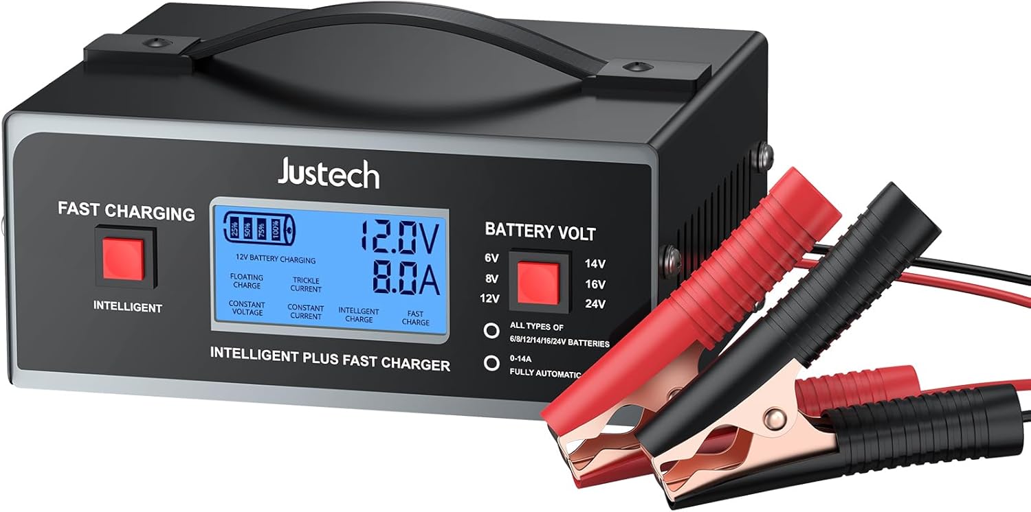 Justech 8 Volt Smart Car Battery Charger, Fully Automatic 6/8/12/14/16/24V 0-10Amp Trickle Charger for Lead Acid Battery AGM Gel STD 7-Stage Fast Charging for Motorcycle, Car, Lawn Mower, Golf Cart