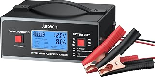 Justech 8 Volt Smart Car Battery Charger, Fully Automatic 6/8/12/14/16/24V 0-10Amp Trickle Charger for Lead Acid Battery AGM Gel STD 7-Stage Fast Charging for Motorcycle, Car, Lawn Mower, Golf Cart