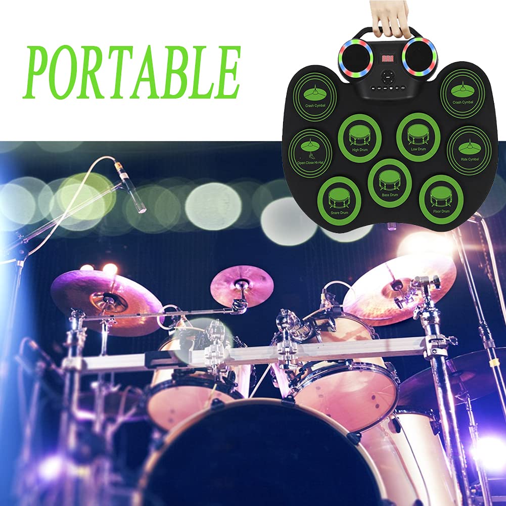 E Set Drum Kit, Kompaktes 9 Pad Bluetooth Schlagzeug mit Dual Lautsprechern, RGB Leuchten, leises Üben für Anfänger zu Hause, ABS Silikon 43,5 x 34 x 4 cm mit Sticks und Pedalen